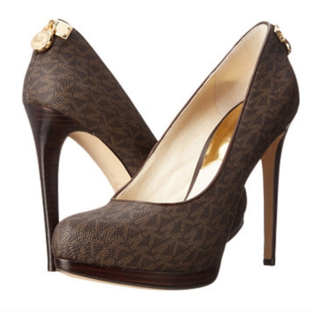 Michael Kors | Signature MK Monogrammed Brown Hamilton Platform Pumps | Size 8